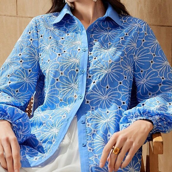 Blue Boho Women's Hollow Out Flower Embroidery Lantern Sleeve Shirt - Picture 1 of 5